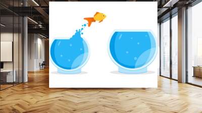 Goldfish jumping out of bowl, aquarium. Vector illustration Wall mural