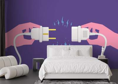 Hand Disconnecting Plug with electricity spark. Vector illustration in flat style Wall mural