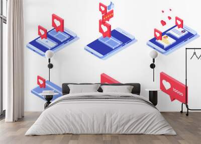 Push like notifications.  Social networking  concept. Vector isometric illustration. Wall mural