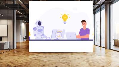 Working together with ai, teamwork  with artificial intelligence concept. Vector illustration. Wall mural