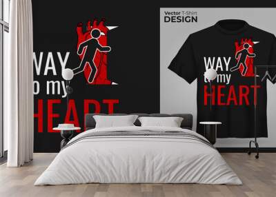 T-shirt mock up with Slogan way to my heart and open door with heart print. 3d realistic shirt template. Black boy and girl tee mockup, front view design. Vector illustration Wall mural