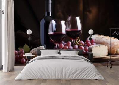 Table With Two Wine Glasses and Bottle of Wine Wall mural