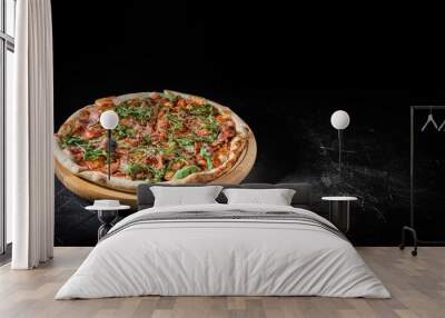 Tasty italian pizza on dark background. Pizza menu. Top view with copy space Wall mural