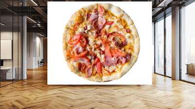 Tasty pizza with tomatoes, mushrooms and bacon isolated on a white background. View from above. Wall mural