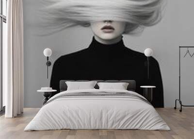 A surreal portrait of a person with flowing white hair against a minimalist backdrop Wall mural