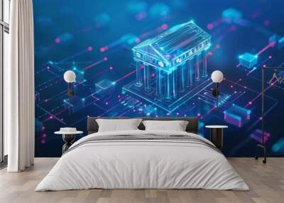 Digital Bank Building Illustration With Circuit Board Background Wall mural