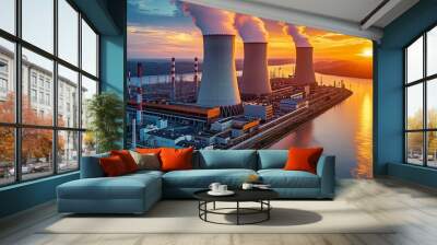 Nuclear power plant against sky by the river Wall mural