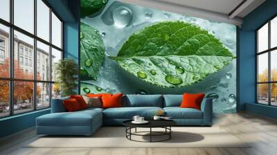 Transparent and clean white water and one green leaf background sunlight reflection Wall mural