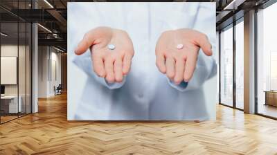 The concept of the hands of a young doctor in a white dressing gown. During this, two colored round pills on a gray background. Wall mural