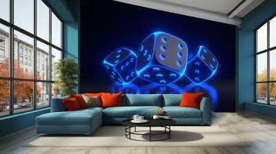 Three rolling gambling dice with futuristic neon blue lights on a black background. Lucky dice. Board games. Money bets. 3D render illustration Wall mural