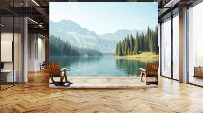 two chairs facing each other on a wooden dock, a peaceful spot for conversation and relaxation Wall mural