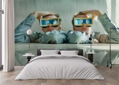 Two Individuals Wearing Vintage Futuristic Glasses Relaxing in a Minimalist Room With Natural Light Wall mural