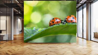 two ladybugs sitting on top of a green leaf Wall mural