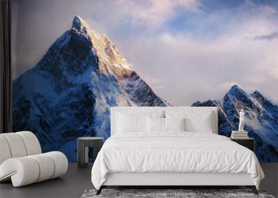 Panoramic view of beautiful snowy Masherbrum peak in Karakoram mountain range during sunset light Wall mural