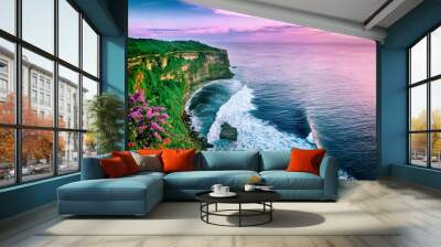 View of Uluwatu cliff with pavilion and blue sea in Bali, Indonesia Wall mural