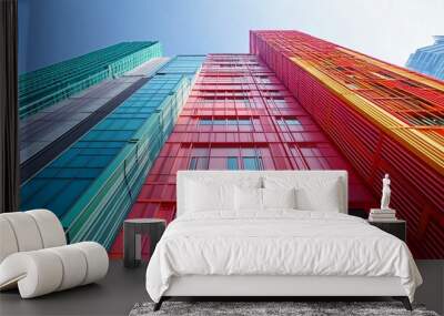 Vibrant multicolored skyscrapers reach towards a clear blue sky, showcasing modern architectural design with bold red, green, and blue facades in a striking urban landscape. Wall mural