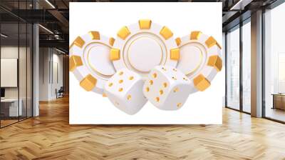 White and gold dice with matching poker chips isolated on a white background, creating a luxurious and elegant casino theme. 3D render illustration Wall mural