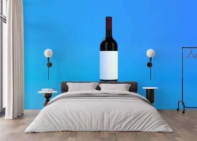 Wine bottle with white label on a blue background. Front view. Minimal concept. 3D rendering illustration Wall mural