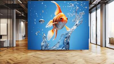 A goldfish is just jumping from a fishbowl and looking back the water splashing with blue background created with Generative Ai Wall mural