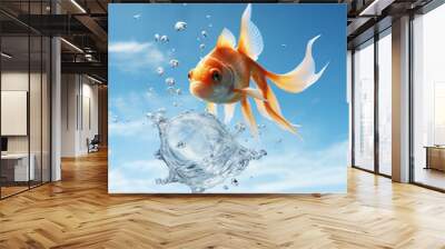 A goldfish is just jumping from a fishbowl and looking back the water splashing with blue background created with Generative Ai Wall mural