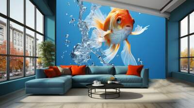 A goldfish is just jumping from a fishbowl and looking back the water splashing with blue background created with Generative Ai Wall mural