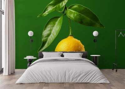 a lemon with its leaves hanging on a green background, in the style of light orange and dark emerald сreated with Generative Ai Wall mural