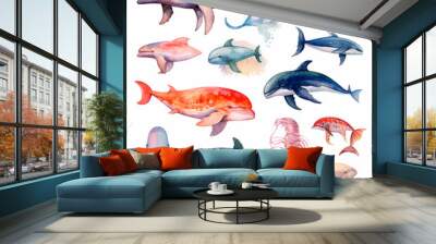 fish set watercolor on a white background created with Generative Ai Wall mural