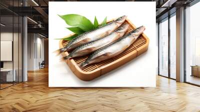 fresh raw two mackerel fish on a bamboo plate with transparent background created with Generative Ai Wall mural