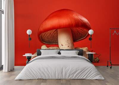 super realistic photo of Bay Bolete Mushroom (Boletus badius) on RED background сreated with Generative Ai Wall mural