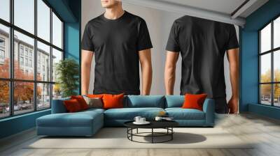 T-shirt mockup, Black blank t-shirt front and back views, male clothes wearing clear attractive apparel tshirt models template сreated with Generative Ai Wall mural