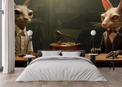 two mice in a suit sitting at the table is a scary picture created with Generative Ai technology Wall mural