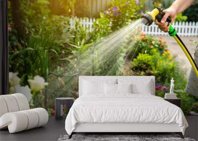 A gardener with a watering hose and a sprayer water the flowers in the garden on a summer sunny day. Sprinkler hose for irrigation plants. Gardening, growing and flower care concept. Selective focus Wall mural