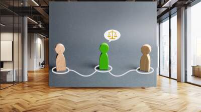 A green man mediates between two people. Judge the two sides and come to a compromise. Negotiations, business deal. Ask for advice from an experienced specialist. Fair resolution of conflict, dispute Wall mural