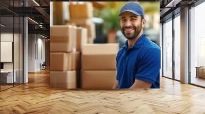 A young smiling male courier in a blue uniform stands near the parcels. Postal delivery concept. Couriers service and transportation Wall mural