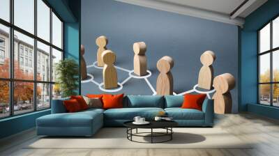 Chain of people figurines connected by white lines. Cooperation and interaction between people and employees. Dissemination of information in society, rumors. Communication. social contacts Wall mural