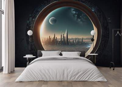 View from a round window on a futuristic city of the future with spiers and space views. Modern design, a unique perspective of the city and its surroundings. Wall mural