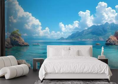 A beautiful beach scene with turquoise waters, mountainous backdrop, and a tranquil coastal ambiance. Wall mural