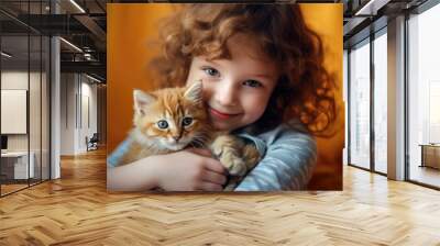 A cute little girl in a bedroom, tenderly hugging her adorable kitten, a beautiful portrait of friendship. Wall mural