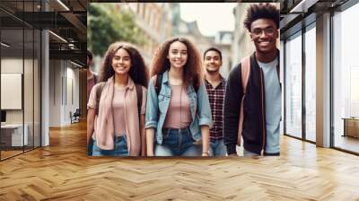 A diverse group of friends, both male and female, walk together through the city streets. Their joyful expressions and camaraderie reflect a positive and vibrant friendship among young adults. Wall mural