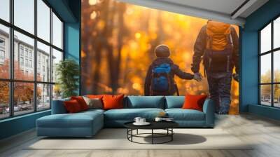 A father and his children enjoy a hiking journey through the autumn woods, fostering family bonding. Wall mural