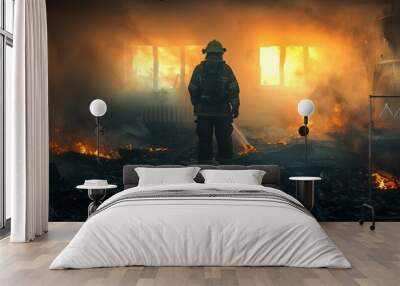 A firefighter in protective gear battles a dangerous blaze, ensuring safety amid destruction and urgent rescue. Wall mural