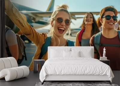 A group of cheerful friends laughs joyfully while traveling together, enjoying a fun-filled summer adventure Wall mural