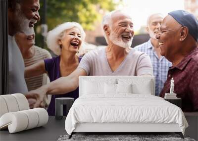 A group of retired friends enjoys the outdoors, promoting wellbeing and togetherness in a serene park. Wall mural