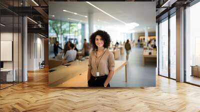 A happy woman in store shopping digital technology, choosing the best deals on laptops, tablets, and more. Wall mural