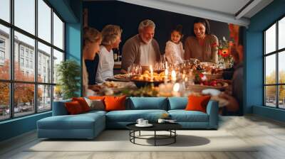 A heartwarming family dinner gathering at home, filled with smiles, love, and togetherness during Christmas. Wall mural