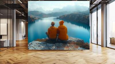 A journey of love and adventure: a young couple sits together, embracing the breathtaking mountain view. Wall mural