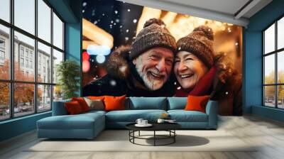 A loving elderly couple enjoying a healthy and romantic walk in the winter Wall mural