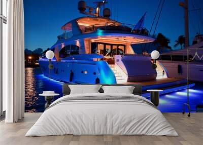 A luxurious yacht illuminated at night, showcasing wealth and private nautical elegance in a harbor. Wall mural