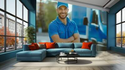 A man in blue workwear, standing by a delivery van, representing the professional delivery service industry. Wall mural