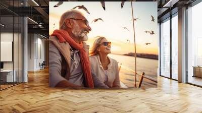 A mature senior couple enjoys the beauty of nature outdoors during a relaxing and romantic autumn day. Wall mural